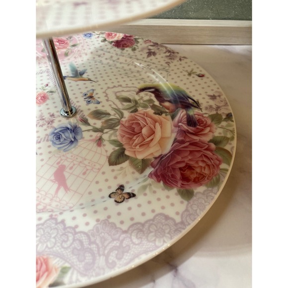 3 Tier Porcelain Serving Stand Birds Roses Lace Design Tea Party Dessert Display - Picture 3 of 6
